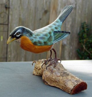 Carved Painted Wood Wooden Bird Statue Sculpture On Metal Legs,  Life - Like Figure photo