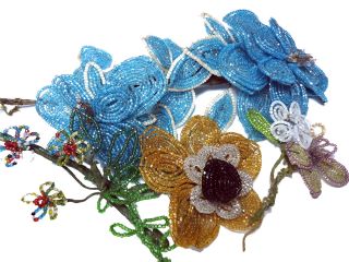 Antique Vtg French Beaded Flowers Victorian Hand Wired Glass Seed Bead Bouquet photo