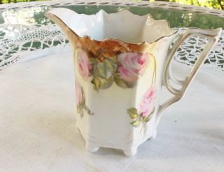 R.  S.  Prussia Germany Porcelain China Pitcher Edge Trimmed 24kgold Pink Rosess photo