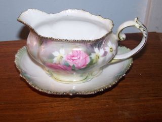 Antique Porcelain Rs Prussia Gravy Boat With Underplate Pink Roses White Blossom photo