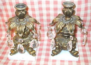Pair Antique Bronze,  Brass?,  Candelabra,  Dolphins Base With Crystal photo