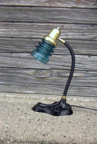 Vintage Cast Iron Steampunk Gooseneck Insulator Lamp photo