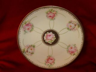 Ca 1900 Antique Pm Bavaria Hand Painted Pink Rose Porcelain Gilded Plate photo