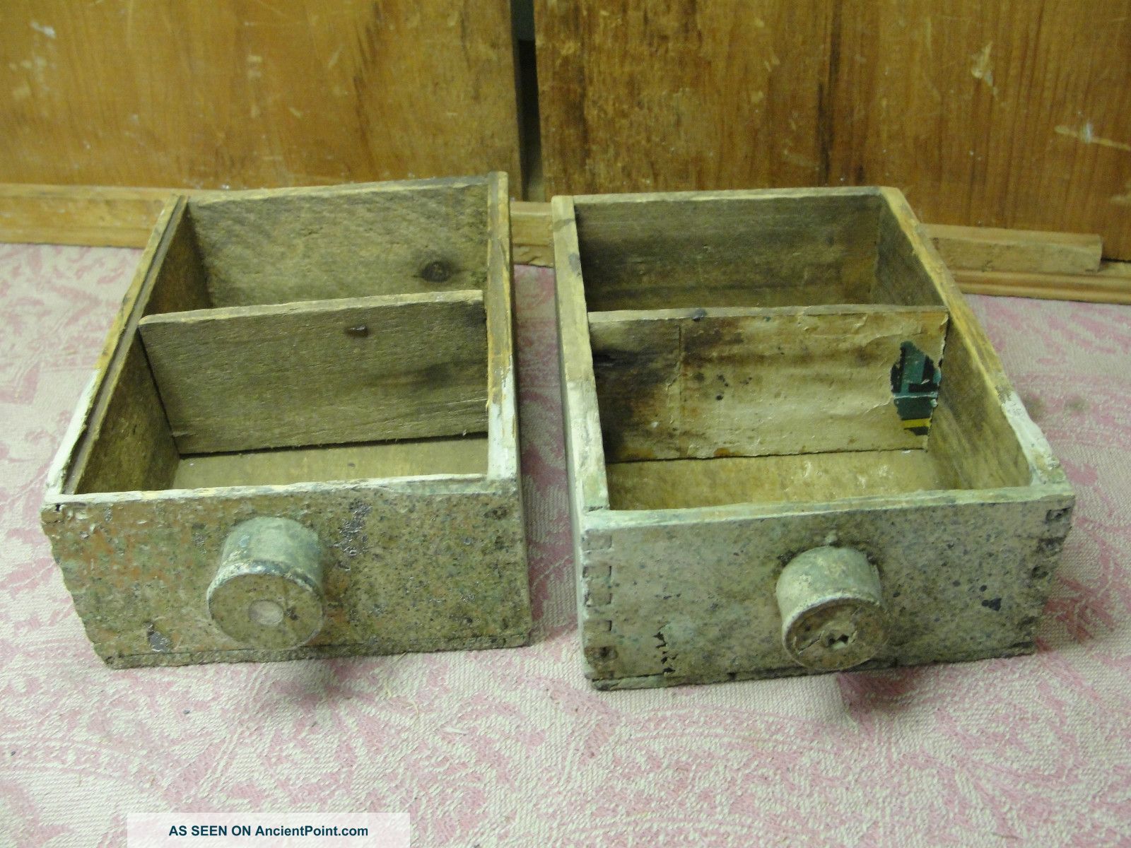 2 Matching Small Finger Jointed Wood Wooden Box Bin Drawers W/ Spool Handles Boxes photo