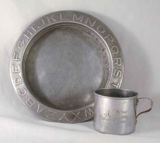 1920s Baby Feeding Set Aluminum Alphabet Abc Plate & Cup Mary Had A Little Lamb photo