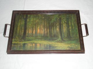 Antique Wood Serving Tray With Atkinson Fox Print Under Glass photo