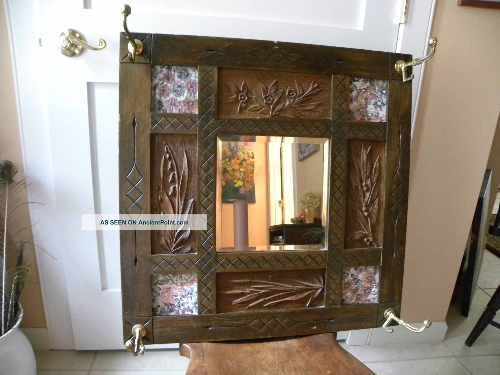 Antique Wood Mirror With Brass Hooks Mirrors photo