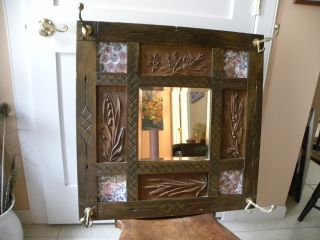 Antique Wood Mirror With Brass Hooks photo