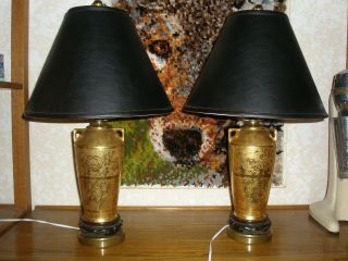 Antique Lamps Handmade In 1915 24kt Gold Foil Inlay Family Heirloom photo