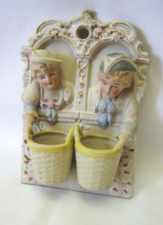 Antique Wall Mount Porcelain Lady & Gentelmen Match Holder photo