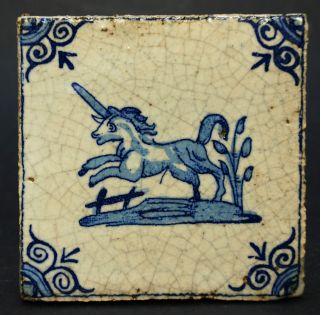 Antique Delft Ceramic Porcelain Tile Unicorn 17th 18th Century Dutch Art photo