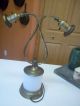 Antique Brass Lamp Hand Painted Glass Base Two Brass Arms 1920 No Shades Lamps photo 4