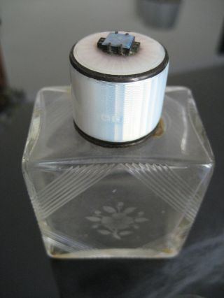 Vtg French Perfume Glass Bottle Guilloche Enamel Opal Gem Marked Sterling Silver photo