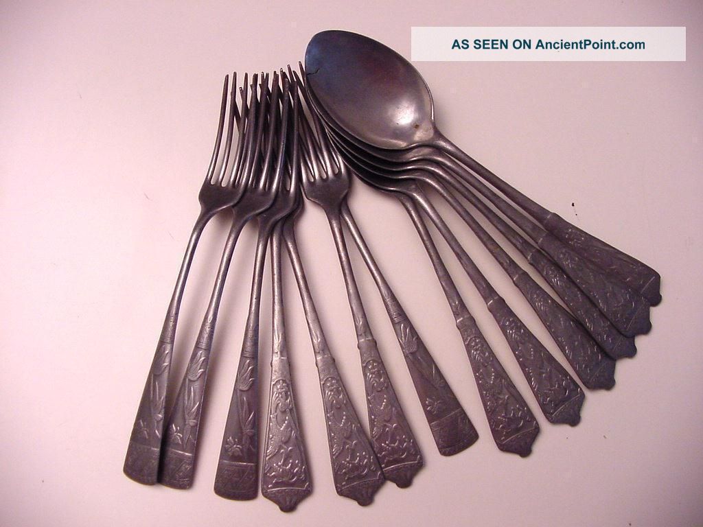 Six Antique Pewter Forks,  Coming Together With 6 Matching But Unusable Spoons Metalware photo