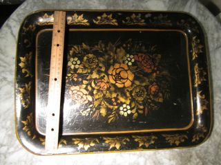 Chic Vintage Tole Ware Toleware Tray Floral Shabby Hand Painted Signed photo