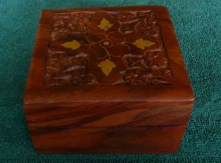 Vintage Hand Carved Wood Box With Brass Inlay photo