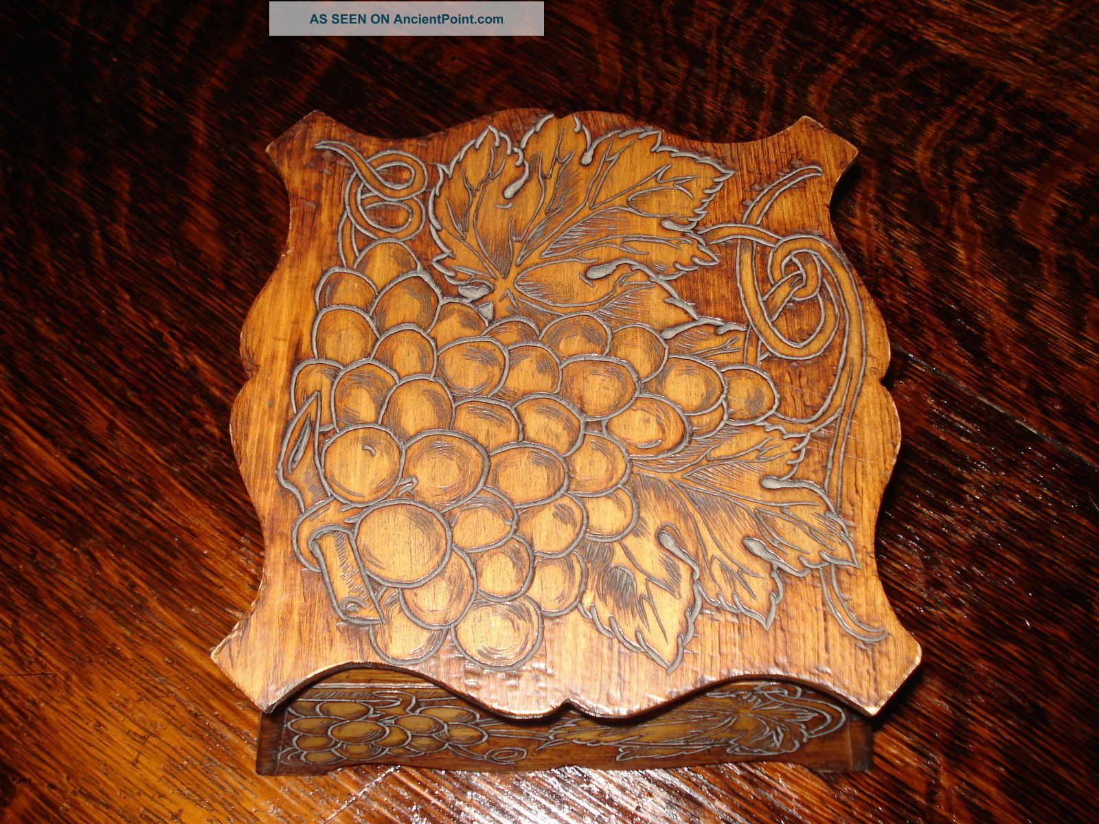 Vintage Pyro Art Wood Box - Grape Leaf Design Boxes photo