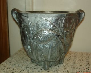 Brig Foundry Paris France Artist Signed Jardiniere Great Aquatic Scene White Met photo