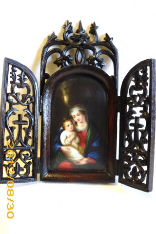 Antique /handpainted/ Madonna & Child/ Carved Woodtriptych /ceramic Tile/ Italy photo