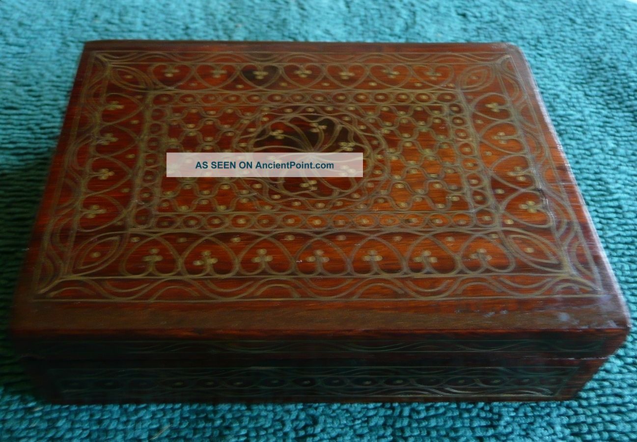 Vintage Hand Carved Wood Box With Brass Inlay Boxes photo