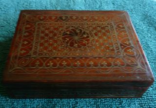 Vintage Hand Carved Wood Box With Brass Inlay photo