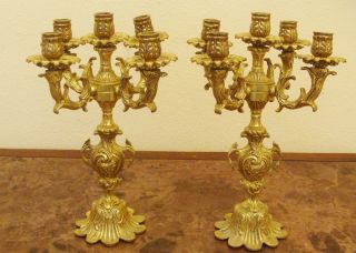 French Antique Pair Of Gilt Solid Bronze Candelabras 5 Arms 19th photo