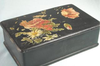 Antique Hand Carved And Painted Wood Jewelry Box Floral Design 1800s photo