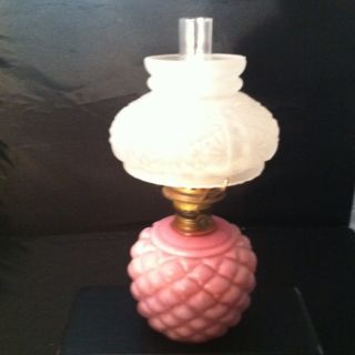 Antique Miniature Oil Lamp Cased Pink Frosted Beehive Base photo