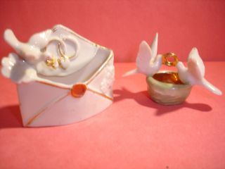 2 Vintage Antique Germany Porcelain Miniatures Envelope,  Bowl With Lovebirds photo