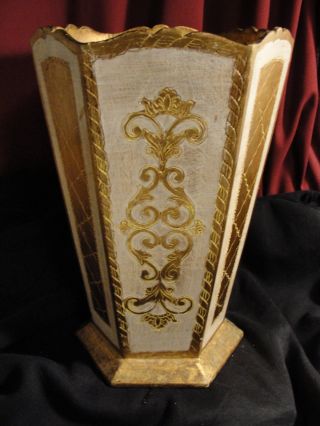 Vintage Florentine Gold Gilt Wood Waste/trash Can,  Umbrella Stand,  6 Sided Italy photo