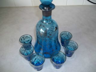Blue Glass Decanter & 6 Matching Glasses (sherry Set) photo