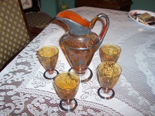 Amber And Sterling Silver Overlay Pitcher And Glasses photo