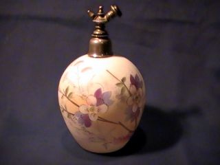 Antique Victorian Perfume Bottle Atomizer Milk Glass Hand Painted Flowers Pewter photo