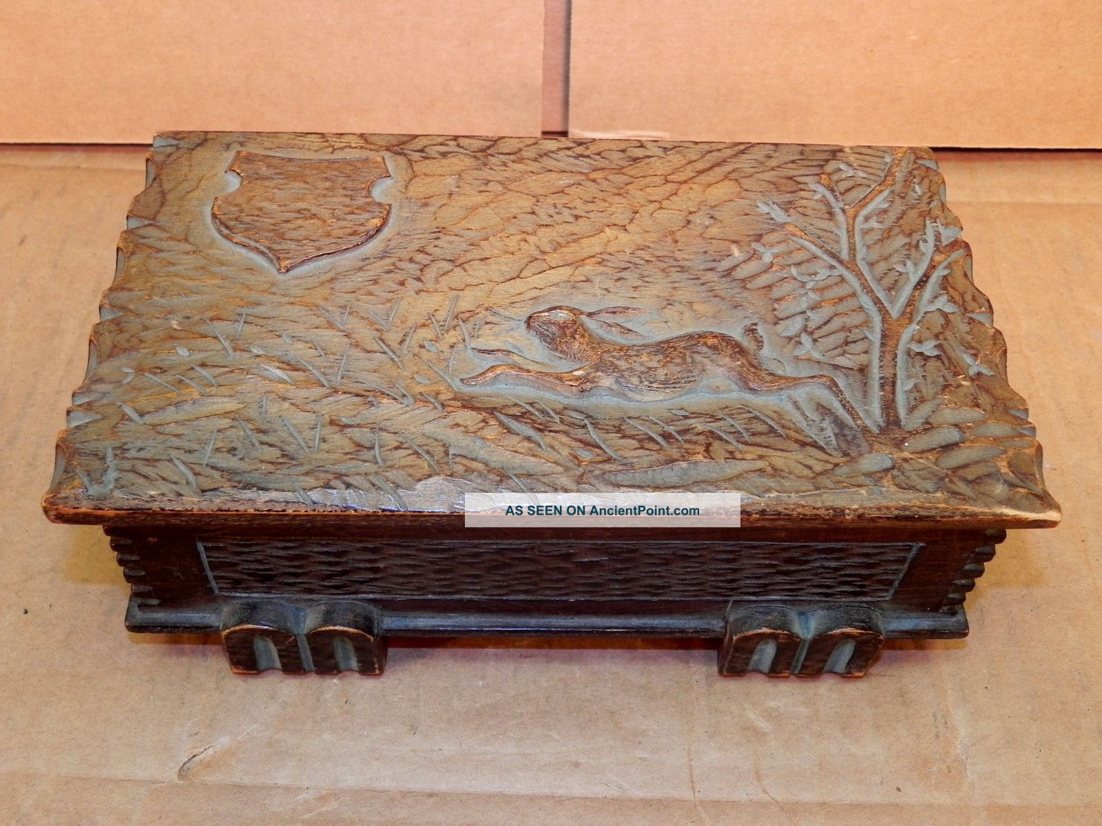 Arts & Crafts Hand Carved Wood Trinket - Hanky - Jewelry Box,  Shield & Rabbit Scene Boxes photo