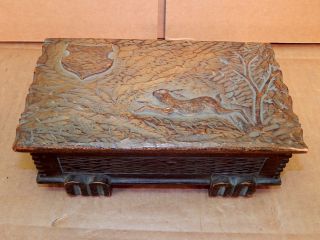 Arts & Crafts Hand Carved Wood Trinket - Hanky - Jewelry Box,  Shield & Rabbit Scene photo