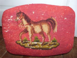 Rare 19thc Antique French Handmade Needle Point Foot Stool W Horse In Needlework photo
