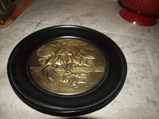 Antique Brass Inlaid Decorative Wall Hanging English Horses And Hunting Dogs photo