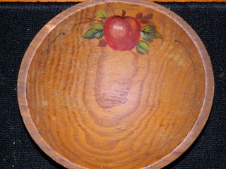 Great Antique Wood Bowl W/ Apple Painted Decorations Turned Oak Home Decor A+ photo