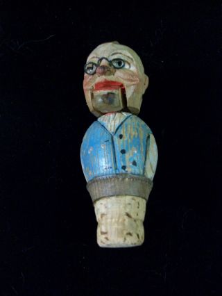 Vintage Animated Mechanical Hand Made Carved Painted Wood Man Head Stopper Cork photo