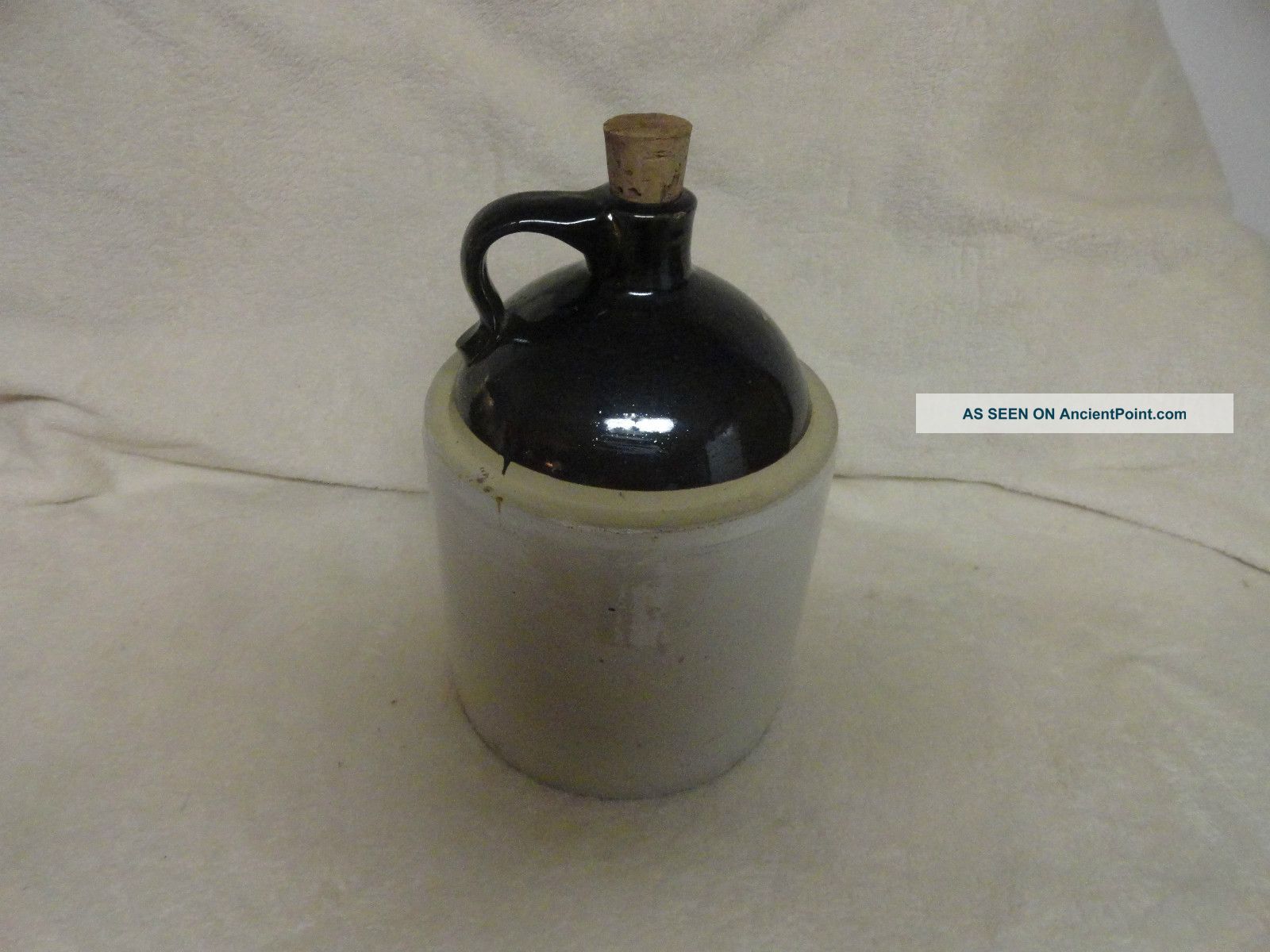 Antique Brown And White Whiskey Crock With Cork Crocks photo