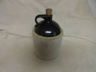 Antique Brown And White Whiskey Crock With Cork photo