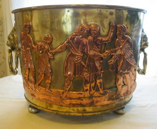 Large Antique Brass Copper Pot Planter Tub With Lion Handles And Scenes photo