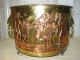 Large Antique Brass Copper Pot Planter Tub With Lion Handles And Scenes Metalware photo 1