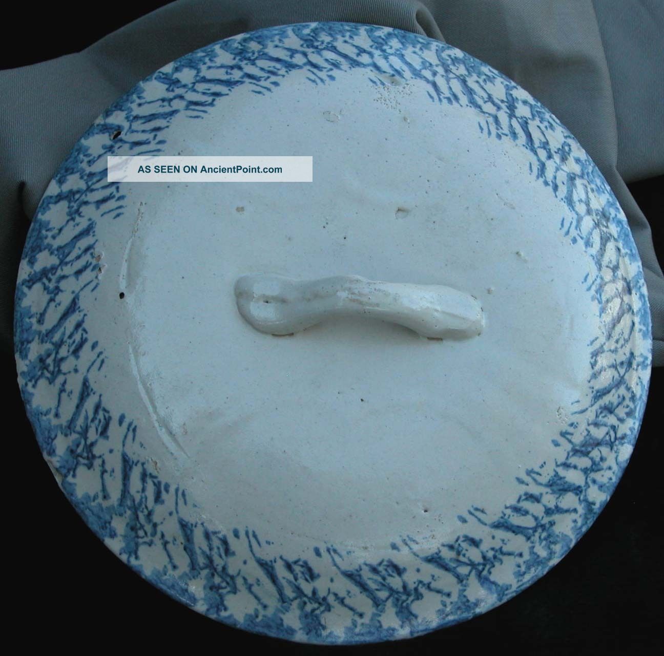 19th.  Century Blue Accents Spongeware Crock Lid 2 - 3 Gallon Size Crocks photo