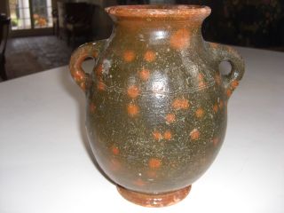 Early 19thc Antique Redware Jar Mottled Green Glaze Gonic Nh Style photo