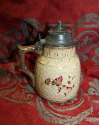 Antique 19th Century Ironstone Syrup Pitcher Pewter Top photo