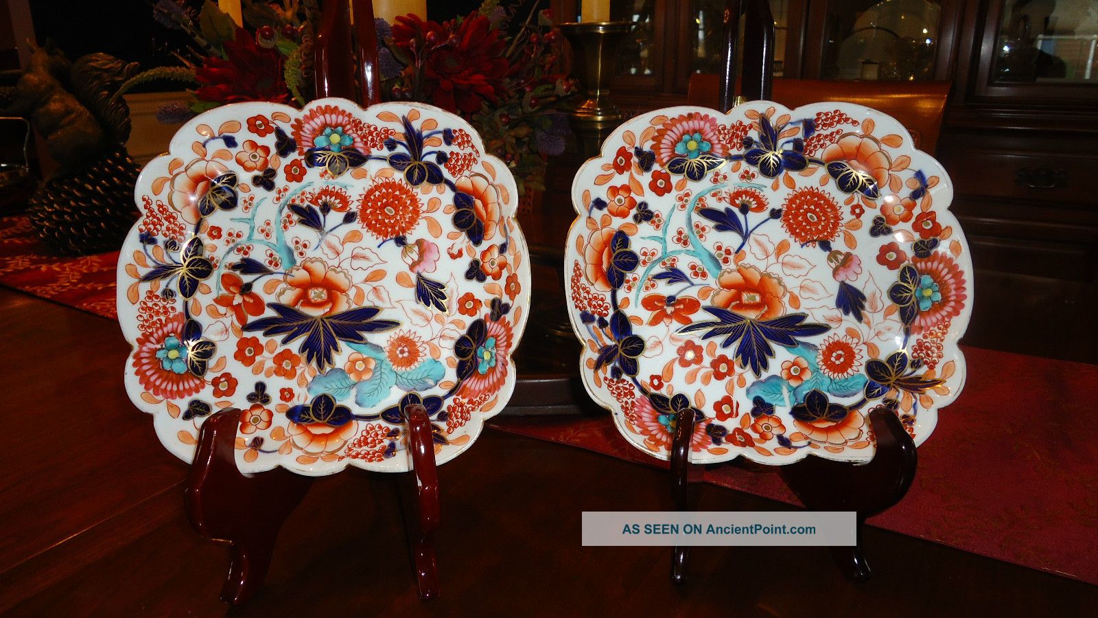 Gorgeous Antique Hand Painted English Imari Plates Pair Porcelain China Plates & Chargers photo