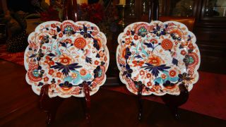 Gorgeous Antique Hand Painted English Imari Plates Pair Porcelain China photo