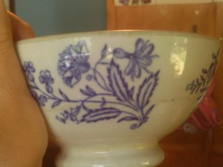 Old Blue And White Pottery Bowl - Dark Blue Flowers,  Light Crack On Bottom photo