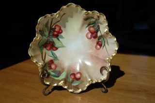 Antique Haviland France Cherries And Gold Scalloped Bowl Signed By Artist photo